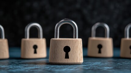 Fototapeta premium Wooden padlocks arranged on a blue surface with dark background
