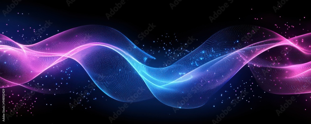 Poster abstract waves, digital background with blue and pink neon colors, smooth flowing shapes, glowing po