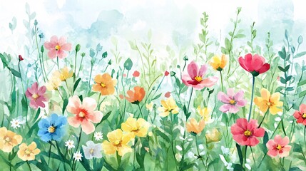 Vibrant Blooming Wildflowers in a Lush Green Meadow Under a Bright Sky