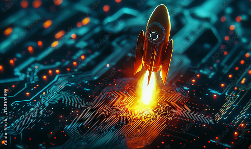 Poster exploring stem education through technology and science a rocket launch on a circuit board digital a