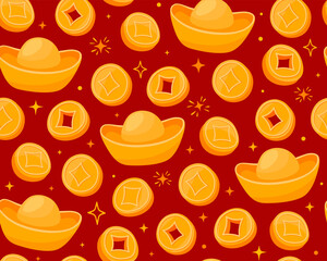 Seamless pattern with golden coins and gold bars on red background. Symbols of wealth, prosperity, luck. Symbols of Chinese New Year, Tet, Lunar New Year. Wrapping paper.