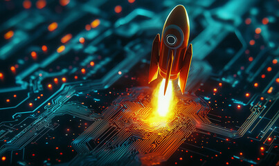 Exploring stem education through technology and science a rocket launch on a circuit board digital art futuristic environment high-tech viewpoint