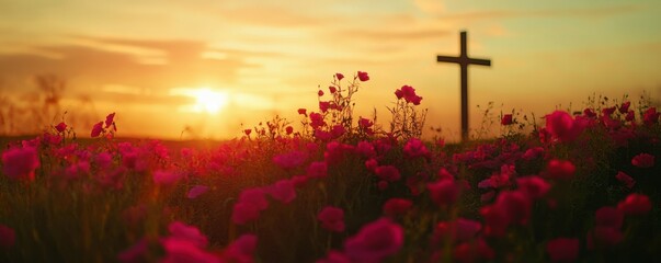 Sunset, beautiful cross in the distance with vibrant pink and red flowers, Ascension Day, cinematic photography