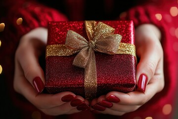 Festively wrapped red gift with golden bow held by hands in a cozy setting during winter holiday...