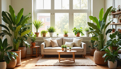 Bright living room filled with lush indoor plants
