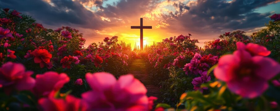Sunset, beautiful cross in the distance with vibrant pink and red flowers, Ascension Day, cinematic photography - Powered by Adobe