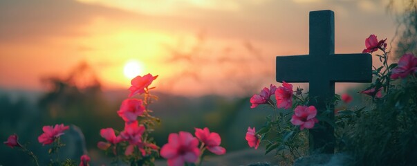 Sunset, beautiful cross in the distance with vibrant pink and red flowers, Ascension Day, cinematic photography