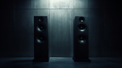 Two tall speakers positioned in a dimly lit space, emphasizing audio equipment design.