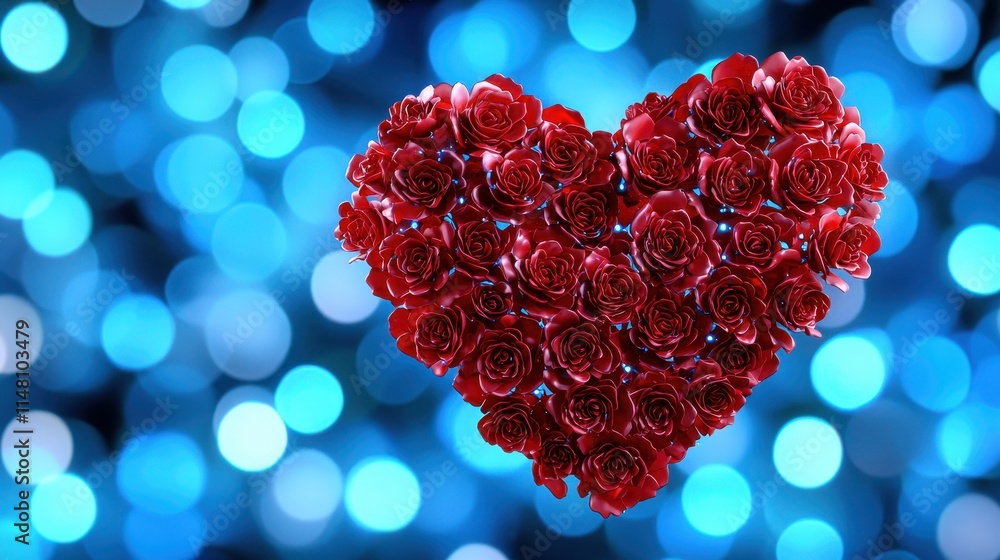 Poster heart shape made of red roses on blue bokeh background with soft light effect
