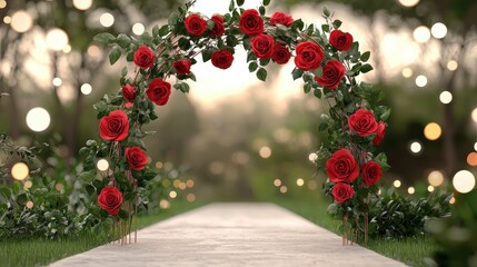 Fototapeta premium Romantic Rose Archway with Lush Greenery and Soft Blurred Background for Wedding Decoration