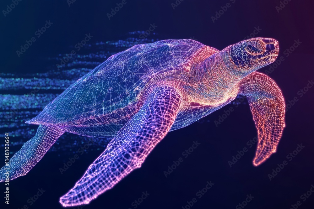 Poster a digital wireframe rendering of a sea turtle in neon colors, showcasing futuristic design and techn