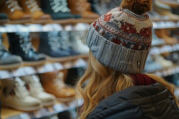 Woman shopping for winter boots while wearing a warm hat in a cozy retail store during the holiday...