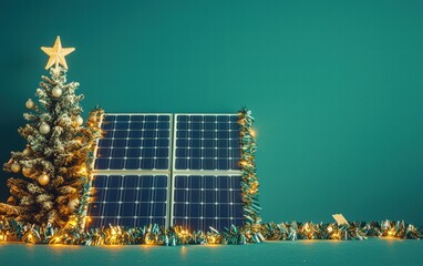 A pair of solar panels decorated with tinsel and lights, with a Christmas tree on a teal background