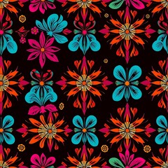 Vibrant Floral Pattern:  A captivating seamless pattern of colorful flowers and intricate designs, bursting with life and energy, set against a dark background.
