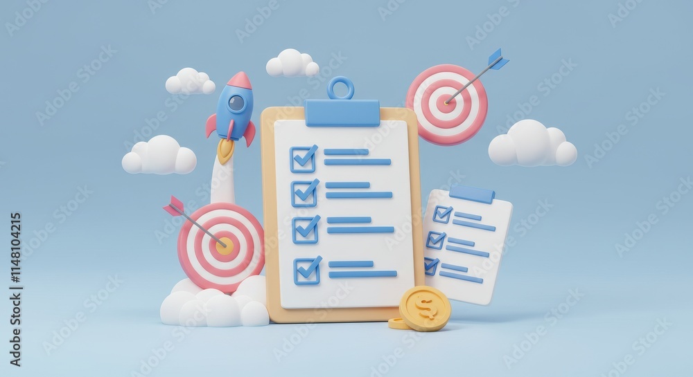 Poster 3d scene centered on a clipboard with a detailed checklist featuring blue checkmarks