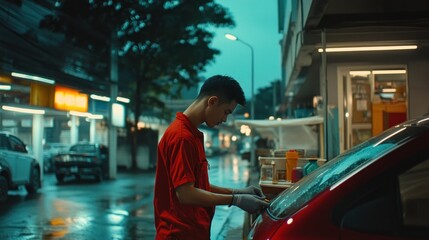 Asian man in red shirt cleaning a red car's rear window at night in the rain.
