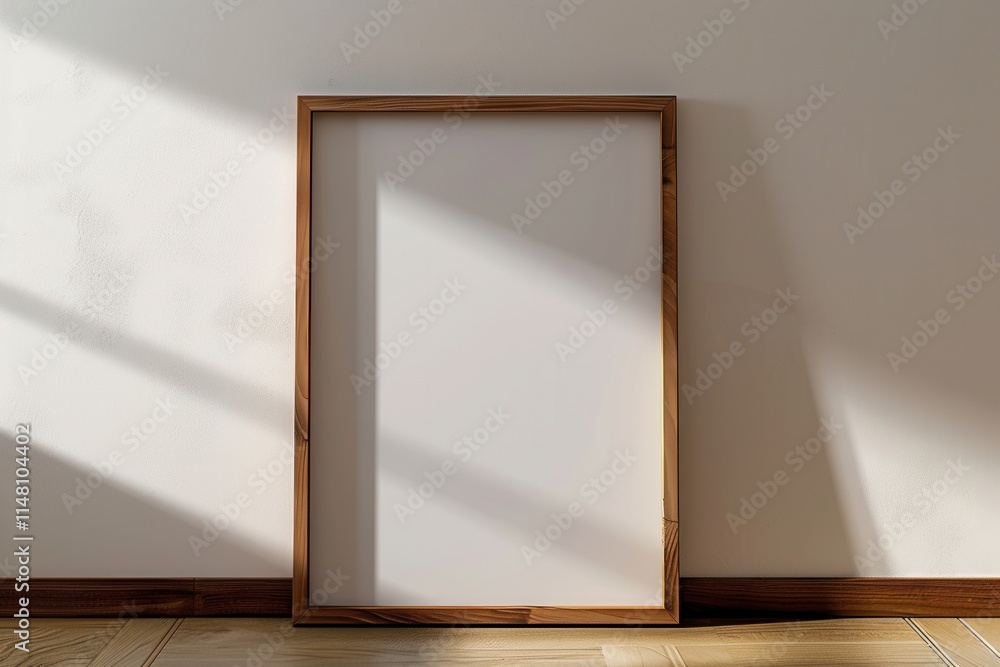 Poster empty wooden frame rests against a plain wall while soft light casts shadows across the floor during