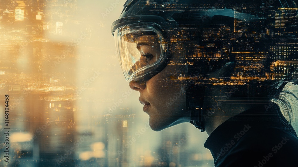 Aufkleber profile view of a person in safety helmet and goggles against an abstract city environment with copy