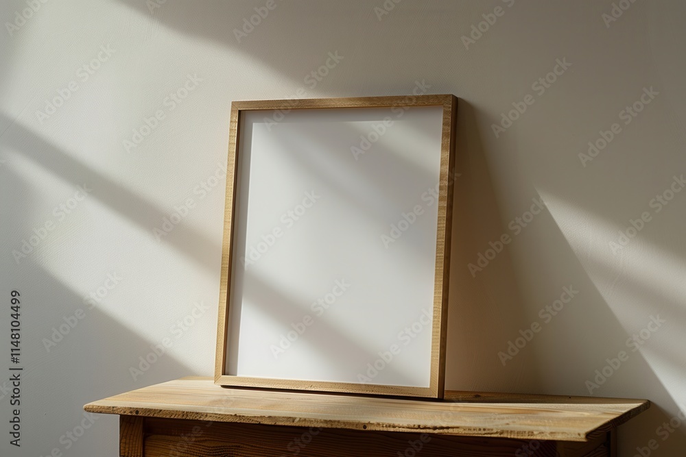 Aufkleber empty wooden frame resting against a wall, illuminated by soft sunlight filtering through a window i