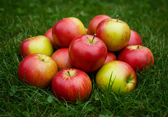 Fresh Organic Apples Resting in Summer Grass