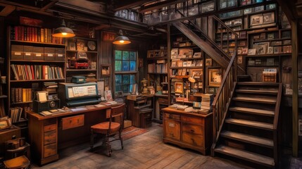 Obraz premium Antique study with wooden desk, staircase, books, and vintage photos.