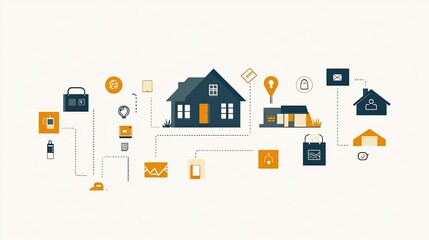 Smart home technology network connecting house, security, delivery, and communication.