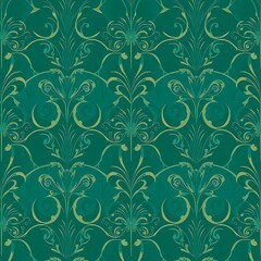 Emerald Damask Pattern: A seamless and elegant green and gold damask pattern with intricate floral designs. Ideal for backgrounds, wallpapers, and textile designs.  