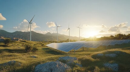 Wind turbines and solar panels farm in a field. Renewable green energy. Sunny landscape, electric energy generator for clean energy producing concept. Solar panels and wind power generation equipment