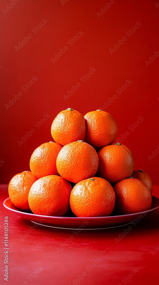 Aufkleber a stack of oranges on a red background. the oranges are piled on top of each other