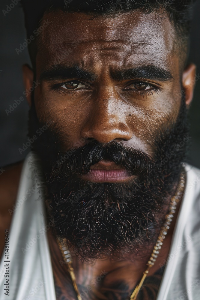 Poster capturing the intensity of expression in a close-up portrait showcasing a man with a prominent beard