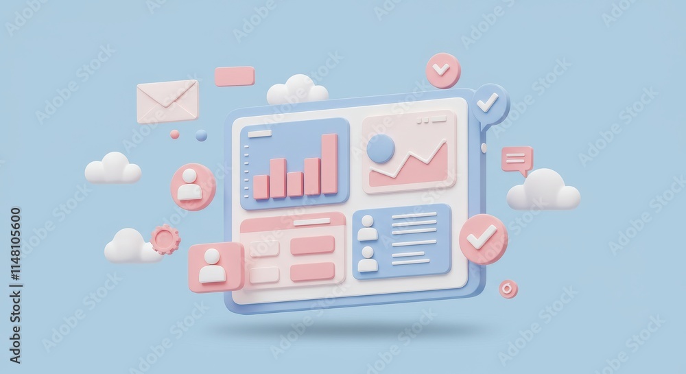 Poster 3d tablet displaying a business analytics dashboard with bar charts, user icons, and text boxes in p