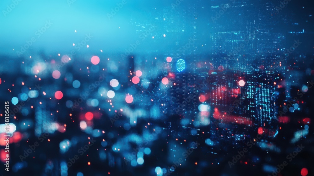 Poster abstract glowing id fingerprint web protection and security interface on blurry blue bokeh city back
