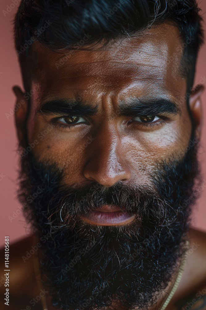 Poster intense gaze of a man with a thick beard and a strong expression against a warm background during a 