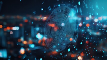 Obraz premium Abstract glowing id fingerprint web protection and security interface on blurry blue bokeh city background with mock up place. Identification, cybersecurity and privacy concept. Double exposure