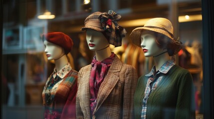 Obraz premium Vintage Fashion Mannequins Displaying Hats and Autumn Clothing