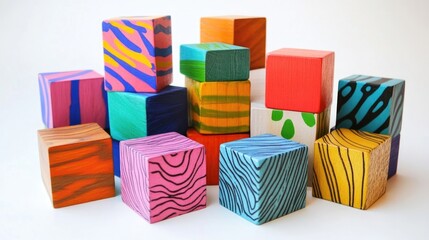 Pop art inspired wooden cube blocks created with blank space for inscriptions. Ideal for creative expressions and playful designs using wooden cubes in diverse applications.