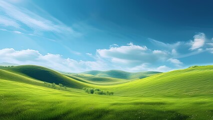 Obraz premium Expanse of green fields, valley of hills. Green hills, meadows under blue sky, panorama.