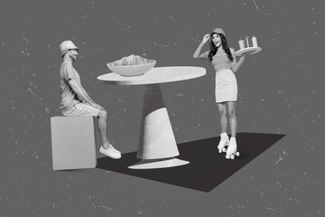 Composite collage picture of black white gamma waiter girl serving customer guy cafe isolated on...