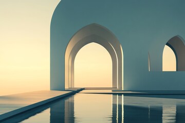 A large archway with a white mosque behind it. The archway is open to the sky