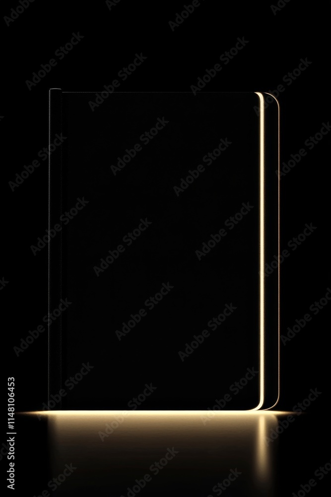 Aufkleber A black notebook with a golden border. The notebook is illuminated by a light source, creating a warm and inviting atmosphere. Concept of creativity and productivity