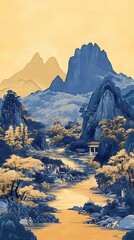 Serene landscape painting of mountains, river, and trees in muted blue and gold tones.