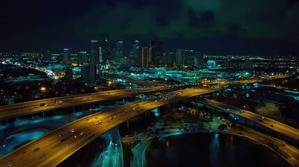 Obraz premium Aerial drone slow shutter night shot of urban elevated toll road junction and interchange overpass in rush hour