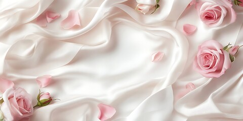 Delicate pink roses and petals on creamy silk fabric