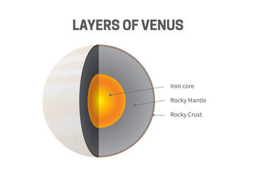 Layers of Venus - Iron Core, Rocky Mantle and Rocky Crust Infographic Illustration © csiling
