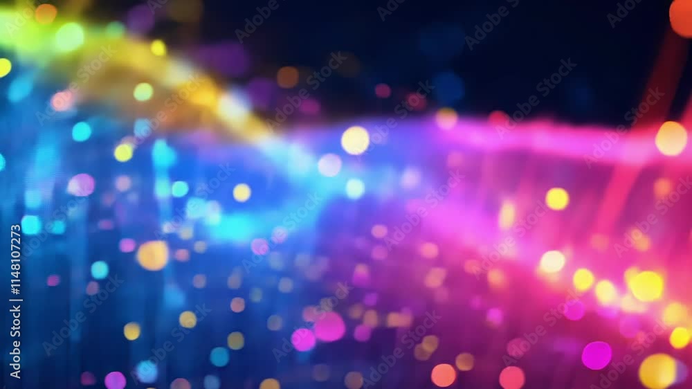 Poster big data visualization showing colorful particles flowing and glowing in cyberspace with a blurred b