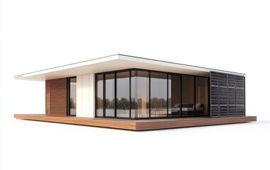 A single modern house with sleek solar panels, isolated on a pure white background