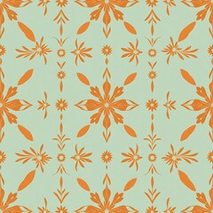 Seamless Floral Pattern: A delicate and intricate pattern of orange flowers and leaves on a soft mint green background. This design offers a timeless and elegant touch.