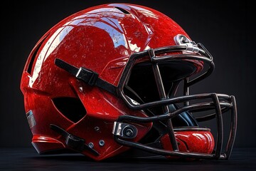 A shiny red football helmet displayed against a dark background.