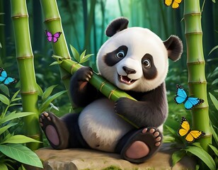 Adorable Panda Cub Holds Bamboo in a Lush Bamboo Forest, Generative AI