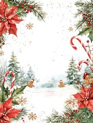 Festive Impressionistic Christmas Border Design Featuring Poinsettias, Gingerbread Cookies, Candy Canes, and Snowy Pine Trees for Holiday Greetings and Invitations
